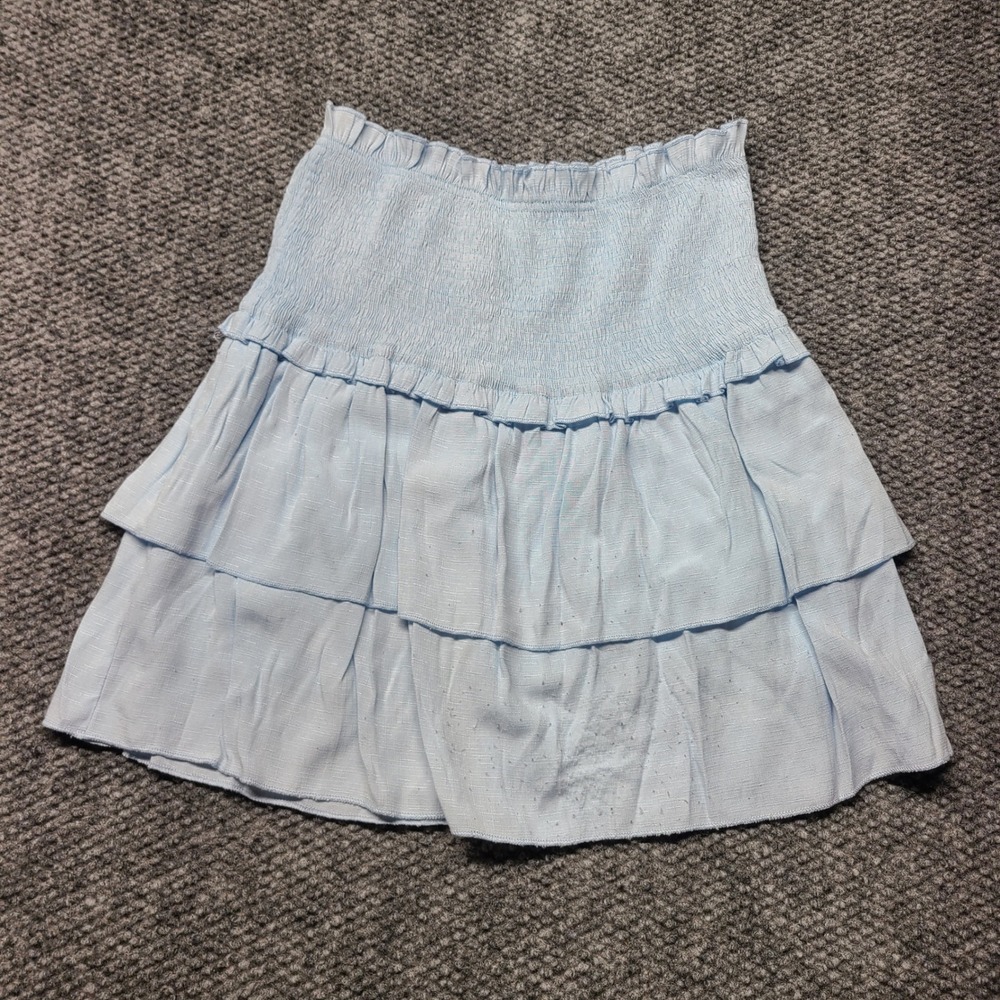 Coquette cottagecore Light Blue Smocked Waist Tiered Ruffle Mini Skirt S